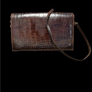 Crocodile Embossed Brown Leather Clutch